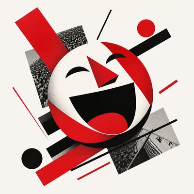 an exaggerated laughing face of an original round mascot character, bold and readable at small size, plain background, no text
