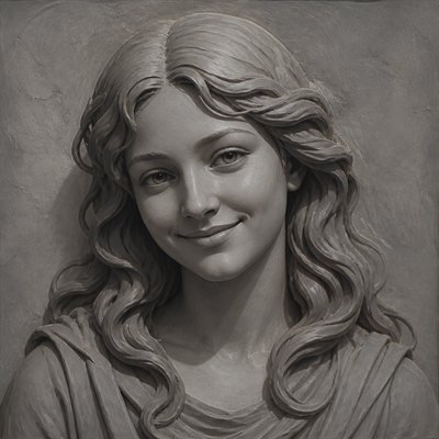 head-and-shoulders portrait of an original character: a young woman with wavy chestnut hair and a warm smile, plain soft backdrop