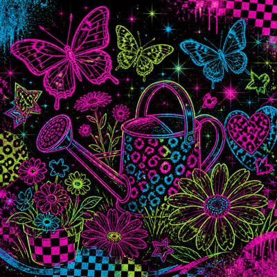 a garden scene with butterflies, flowers and a watering can, clean uncolored line art, no text