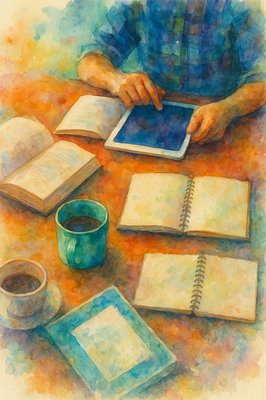 a painting of a person sitting at a table with books and a cup of coffee