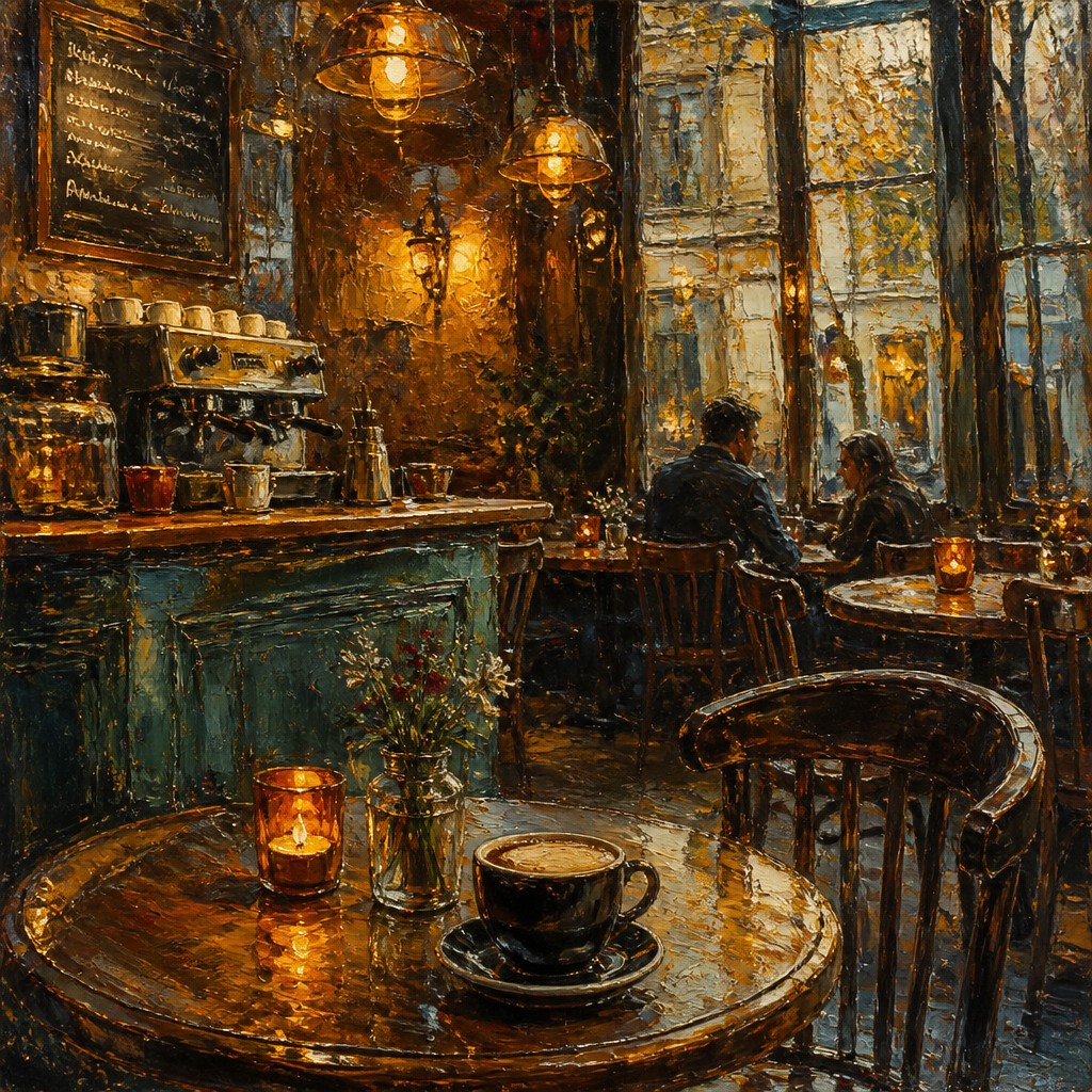 cozy cafe interior with warm lighting