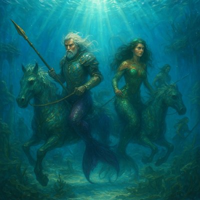 Golden Age Fantasy Illustration Style, Painterly Realism, Crystalline Underwater Photography Aesthetic. A stunning view looking straight down through impossibly clear, glassy ocean water, as if peering over the edge of a ship. Below, on the white sand seabed, are the seaweed-covered ruins of a sunken, ancient civilization.

The Merpeople: A royal hunting party of Narnian Mermen and Mermaids are riding through the submerged streets. They are not gentle, fairy-tale creatures, but possess a wild, fierce majesty. They ride side saddle tails aside their large, powerful, scaled hippocamps (mythical sea-horses). 

Key Figures & Details: The Mer-King, with flowing white hair and a stern expression, wears armor crafted from iridescent pearl and abalone shells, brandishing a long spear tipped with gold. His powerful tail is deep amethyst. A fierce Mer-Queen rides beside him, her colors shimmering emerald and gold. Smaller merfolk follow, shaking spears.

Lighting & Atmosphere: Bright shafts of sunlight pierce the deep water, illuminating the underwater dust motes and making the scales of the merfolk and their mounts sparkle intensely. The mood is silent, ancient, and awe-inspiring.