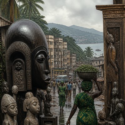 urban street with city activity — Sierra Leonean Art Style