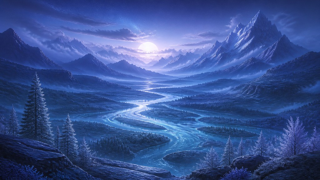 a vast valley with a river winding toward distant mountains at sunrise, no people, no text