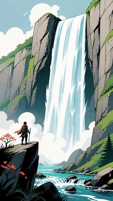towering waterfall cascading down a cliff