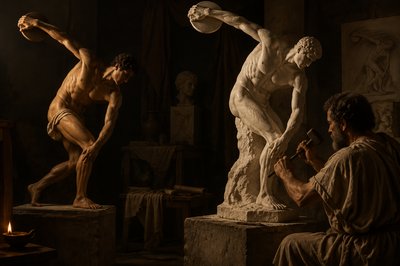 ancient greek sculptor carving the discobolos with a model posing for him