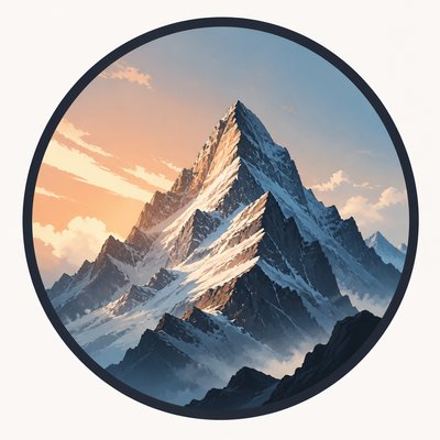 an emblem of a mountain peak inside a circle, simple bold shapes on a plain background, no text or lettering