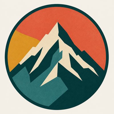 an emblem of a mountain peak inside a circle, simple bold shapes on a plain background, no text or lettering