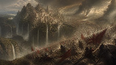a cliffside city with waterfalls cascading into a misty canyon, wide establishing shot, no people, no text