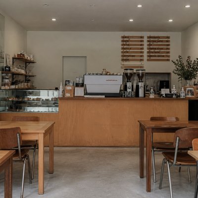 cozy cafe interior with warm lighting