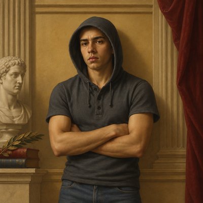 a painting of a man with his arms crossed