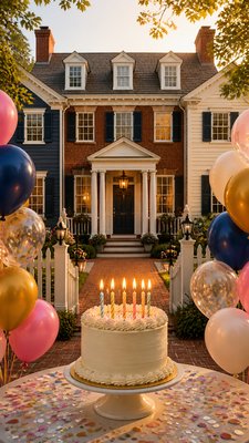 a birthday cake with lit candles surrounded by balloons and confetti, festive vertical composition, no text