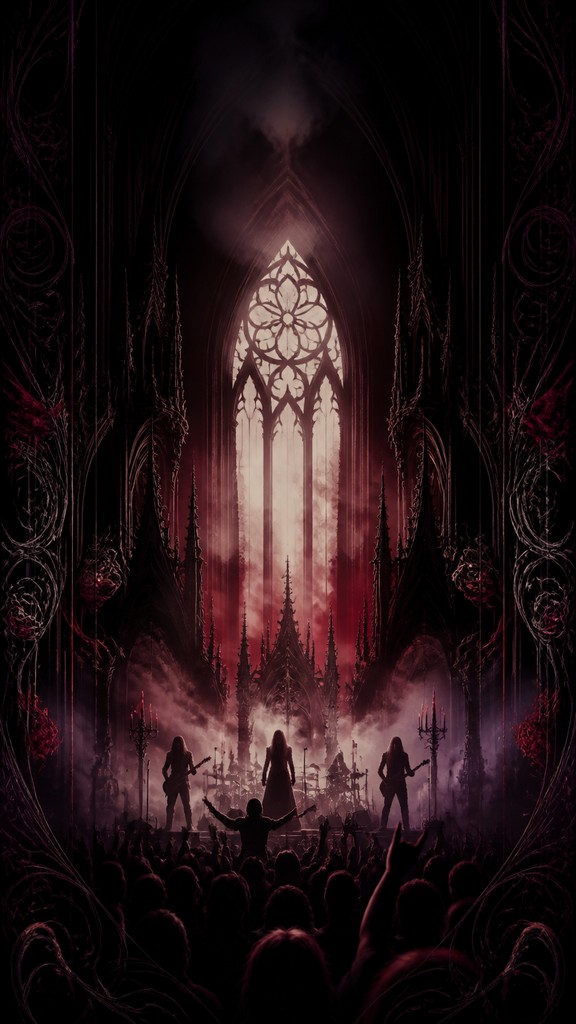 a live music scene with a glowing stage and silhouetted crowd, energetic vertical composition with open space at the top, no text