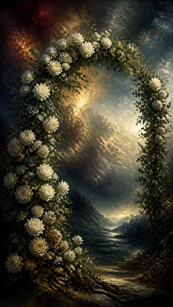 an arch of white roses and eucalyptus in soft morning light, elegant vertical composition with open space, no text