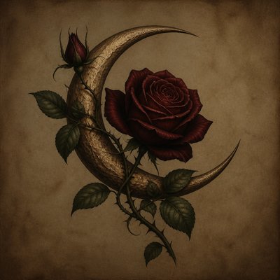 a rose entwined with a crescent moon, clean balanced composition on a plain background, no text