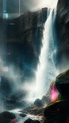 towering waterfall cascading down a cliff