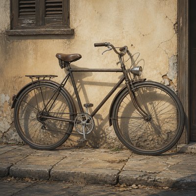 bicyle resting against a wall