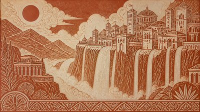 a cliffside city with waterfalls cascading into a misty canyon, wide establishing shot, no people, no text