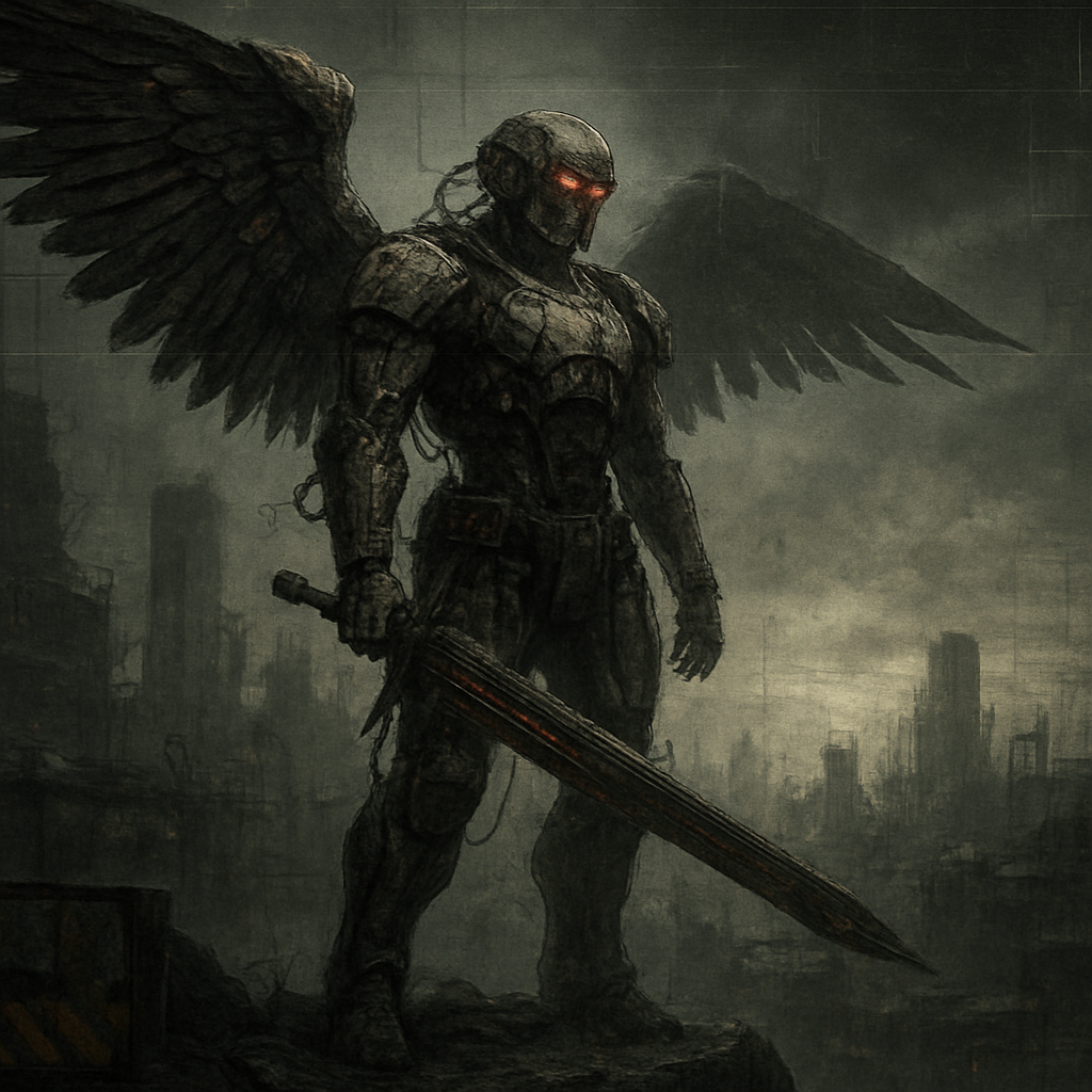 A futuristic cybernetic, dystopian, angel warrior, on a mountain top overlooking a deserted, broken city. Ultra-realistic. Extreme detail.