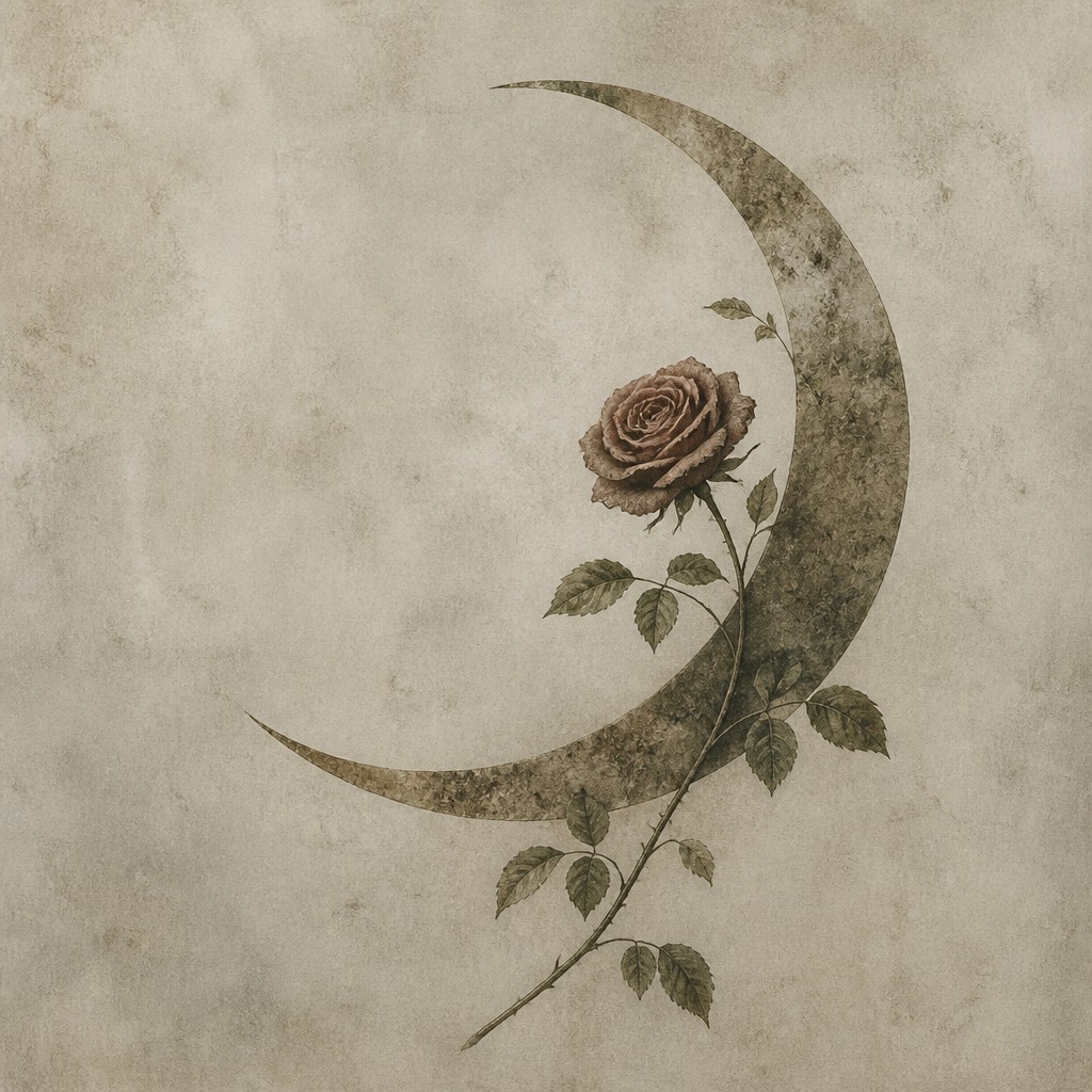 a rose entwined with a crescent moon, clean balanced composition on a plain background, no text