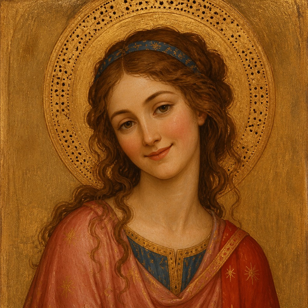 head-and-shoulders portrait of an original character: a young woman with wavy chestnut hair and a warm smile, plain soft backdrop