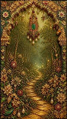 a mysterious forest path with fireflies and drifting mist, atmospheric vertical composition with open space at the top, no text