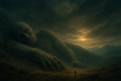 a painting of a person standing in the middle of a field