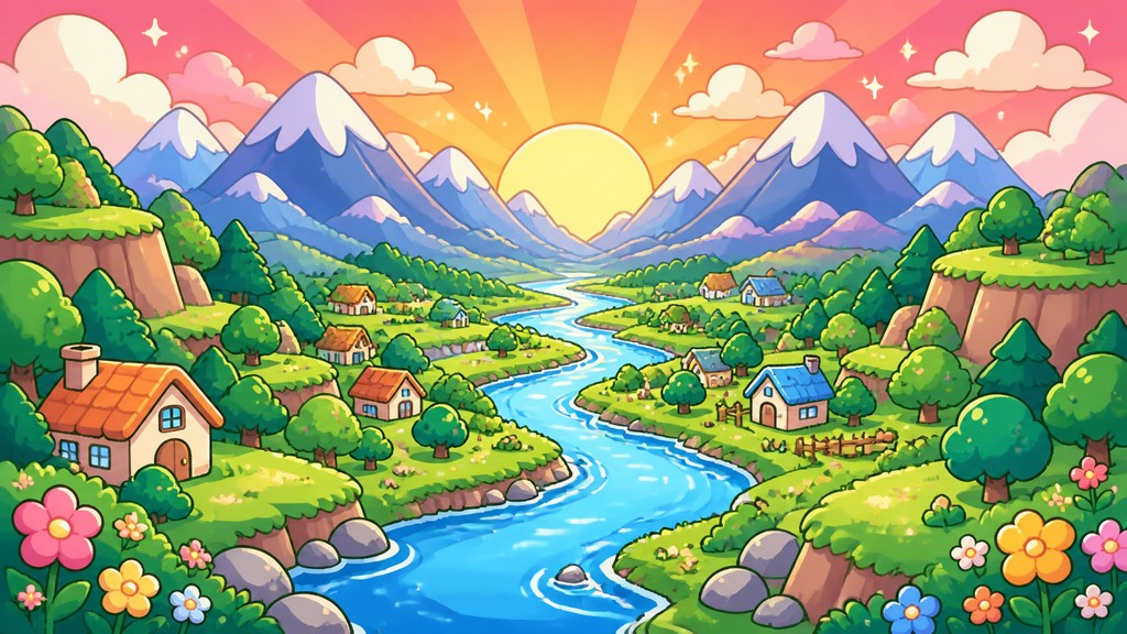 a vast valley with a river winding toward distant mountains at sunrise, no people, no text