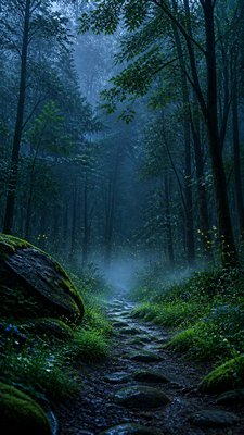 a mysterious forest path with fireflies and drifting mist, atmospheric vertical composition with open space at the top, no text