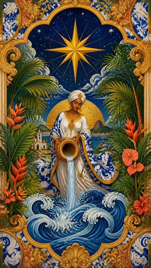 a robed figure pouring water beneath a large eight-pointed star in a night sky, symmetrical composition with an ornate decorative border, no text