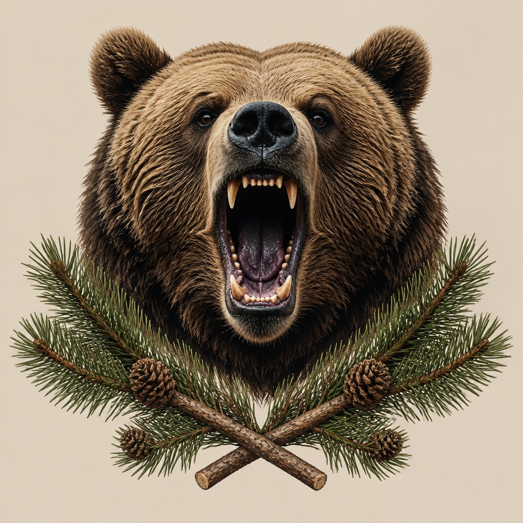 a roaring bear head above crossed pine branches, bold graphic composition on a plain background, no text