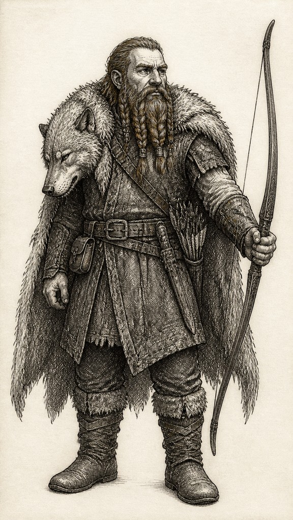 full-body original character: a dwarven ranger with a braided auburn beard, worn leather armor, a longbow and a wolf-pelt cloak, neutral background, no text