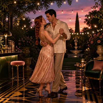 an original couple dancing under string lights in a garden at dusk: a man with short black hair in a linen shirt and a woman with braided red hair in a summer dress