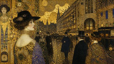 bustling city street panorama at dusk