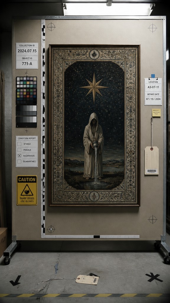 a robed figure pouring water beneath a large eight-pointed star in a night sky, symmetrical composition with an ornate decorative border, no text