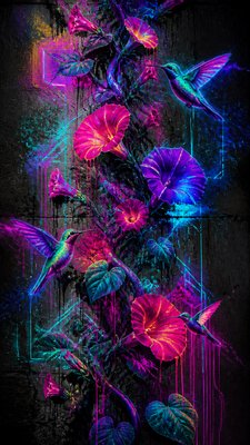 a climbing vine of flowers and hummingbirds on a dark background, tall wrapping composition, no text