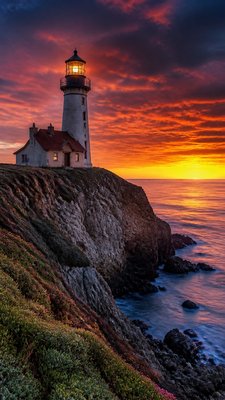 a lone lighthouse on a cliff at dusk under a dramatic sky, no text or lettering