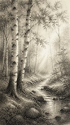 a serene birch forest in soft morning light, no people, no text