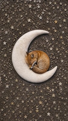 a sleeping baby fox curled on a crescent moon among soft stars, gentle and warm, no text