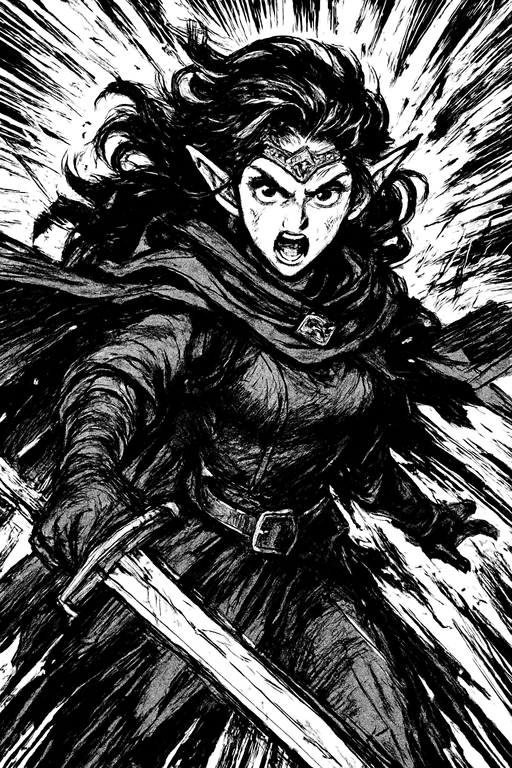 a black and white drawing of a woman holding a sword