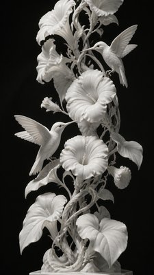 a climbing vine of flowers and hummingbirds on a dark background, tall wrapping composition, no text