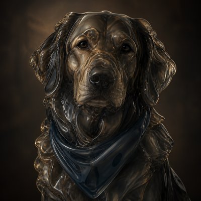portrait of a golden retriever wearing a blue bandana, warm plain backdrop, no text