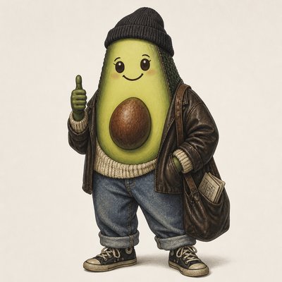 a happy avocado character giving a thumbs up, bold readable design on a plain background, no text