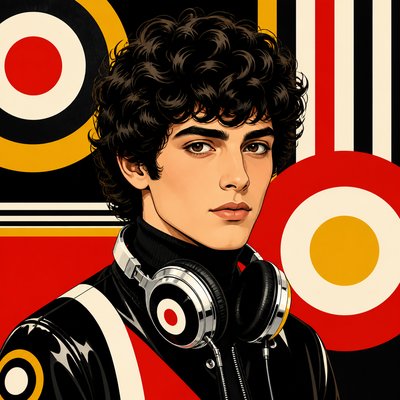head-and-shoulders portrait of an original character: a young man with curly dark hair and headphones around his neck, plain backdrop, no text