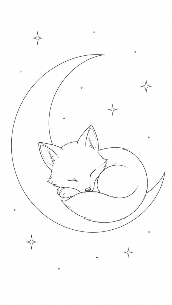 a sleeping baby fox curled on a crescent moon among soft stars, gentle and warm, no text