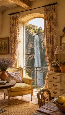 towering waterfall cascading down a cliff