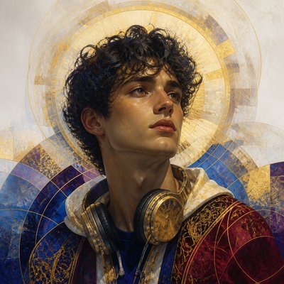 head-and-shoulders portrait of an original character: a young man with curly dark hair and headphones around his neck, plain backdrop, no text