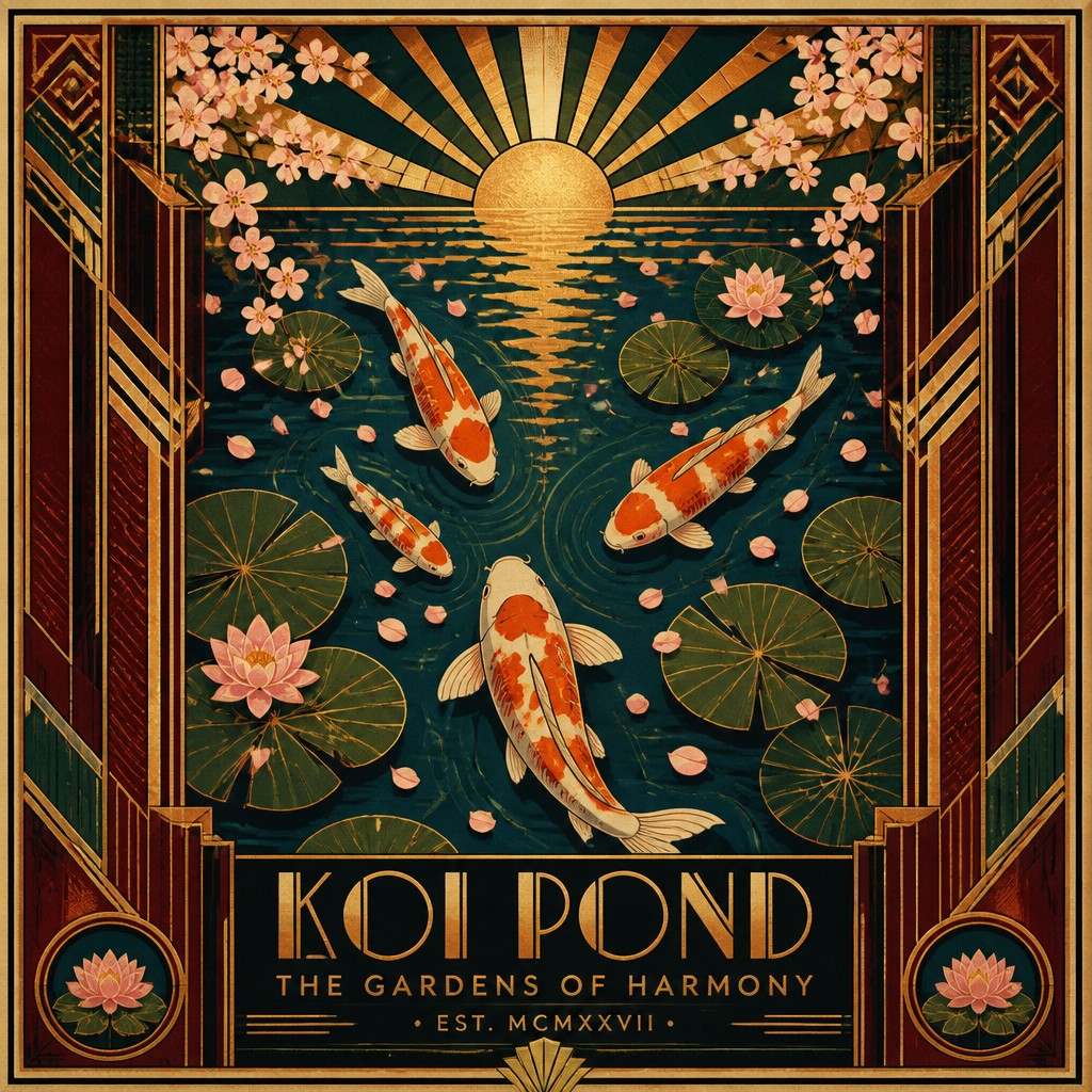 A koi pond seen from above, orange and white koi fish swimming among lily pads, clear water with subtle ripples, fallen cherry blossom petals floating on the surface, dappled sunlight
