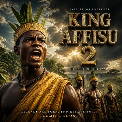 Absolutely. Here’s a detailed prompt matching the KING AFFISU 2 poster you uploaded. I’ve kept the visual style, composition, costumes, atmosphere, and typography direction very close to the reference. A strong poster works best when the hero is the clear focal point and the title has its own clean space. 

🎬 KING AFFISU 2 — Movie Poster Prompt

> Create an ultra-realistic cinematic African historical-action movie poster for a film titled “KING AFFISU 2.”

A powerful young Black African king stands prominently in the foreground, occupying the left and center of the frame. He has an intense commanding expression, mouth open as if shouting a battle command, strong facial features, realistic dark skin texture, and a fierce royal presence.

He wears a traditional golden-yellow royal warrior garment draped over one shoulder, a textured yellow ceremonial headband/crown, with several tall fresh green leaves rising from the crown. Around his neck is a dark traditional beaded necklace with a small metallic royal pendant.

Behind him are four African royal guards/warriors, standing in formation at different distances. They wear matching yellow headbands, traditional brown waist garments, and simple white ceremonial body markings. They stand proudly in a natural African landscape, creating depth and scale.

Background: lush tropical African vegetation, earthy brown ground, distant trees, dramatic dark storm clouds covering the sky, sunlight breaking through the clouds, powerful atmospheric contrast, subtle mist and dust in the air.

Lighting: dramatic cinematic lighting, warm golden sunlight hitting the king from the side, deep shadows, strong facial highlights, realistic skin texture, volumetric rays through the clouds, high contrast, subtle golden color grading, epic historical-film atmosphere.

Composition: premium theatrical movie-poster composition, hero extremely prominent in the foreground, supporting characters smaller in the background, strong depth of field, realistic perspective, layered cinematic composition, visually balanced negative space on the upper-right side for the movie title. The poster should feel like an expensive African epic film.

Typography: On the upper-right, place large dramatic three-dimensional weathered stone-and-gold metallic lettering:

KING
AFFISU
2

Above the title, small widely spaced white uppercase text: JAZY FILMS PRESENTS

Under the title: THE SPIRIT OF THE LAND

At the bottom: LEGENDS ARE BORN. EMPIRES ARE BUILT.

Then smaller golden text: COMING SOON

Make the title extremely readable, monumental, embossed, textured, metallic, slightly weathered, with realistic shadows and highlights.

Visual style: photorealistic, cinematic Hollywood-quality African epic, 8K detail, realistic skin pores, realistic fabric texture, natural vegetation, dramatic clouds, volumetric lighting, atmospheric perspective, cinematic depth of field, subtle film grain, HDR, high dynamic range, professional theatrical key art, premium color grading, epic and powerful mood.

Aspect ratio: 2:3 vertical theatrical movie poster.

Important: no cartoon appearance, no plastic skin, no distorted faces, no extra limbs, no duplicated characters, no blurry faces, no misspelled title, no modern buildings, no modern clothing, no futuristic elements.



This follows the same kind of hero-first hierarchy, dramatic contrast, atmospheric depth, and typography-aware composition commonly used in cinematic poster design. 