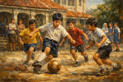 At a private school in Kuala Lumpur, 10 year old Wing Sun and his friends play a game of soccer in the schoolyard.  The school's main building is visible and some teachers are looking on.  Some schoolgirls are standing nearby.